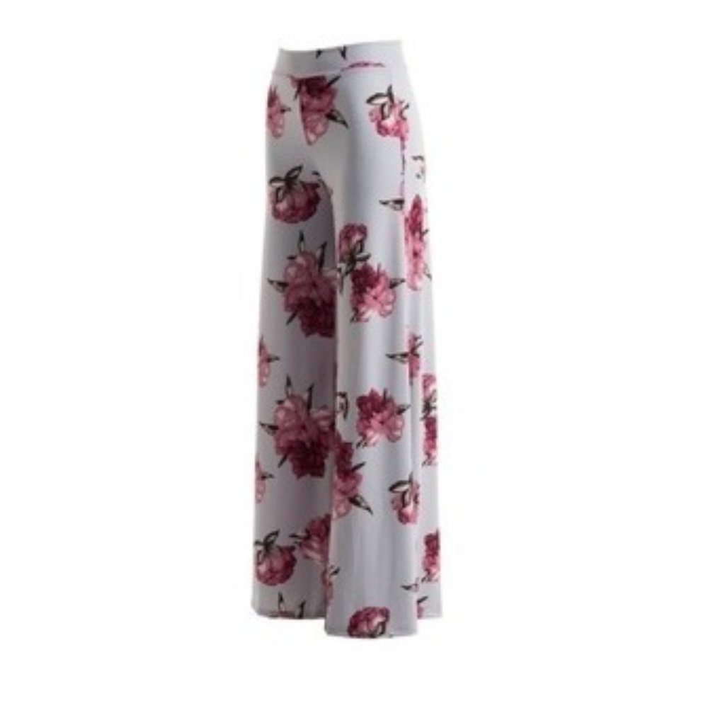 Wide Leg HIgh Waist Rose Print Palazzo Pants in Grey sz Small - Picture 2 of 5